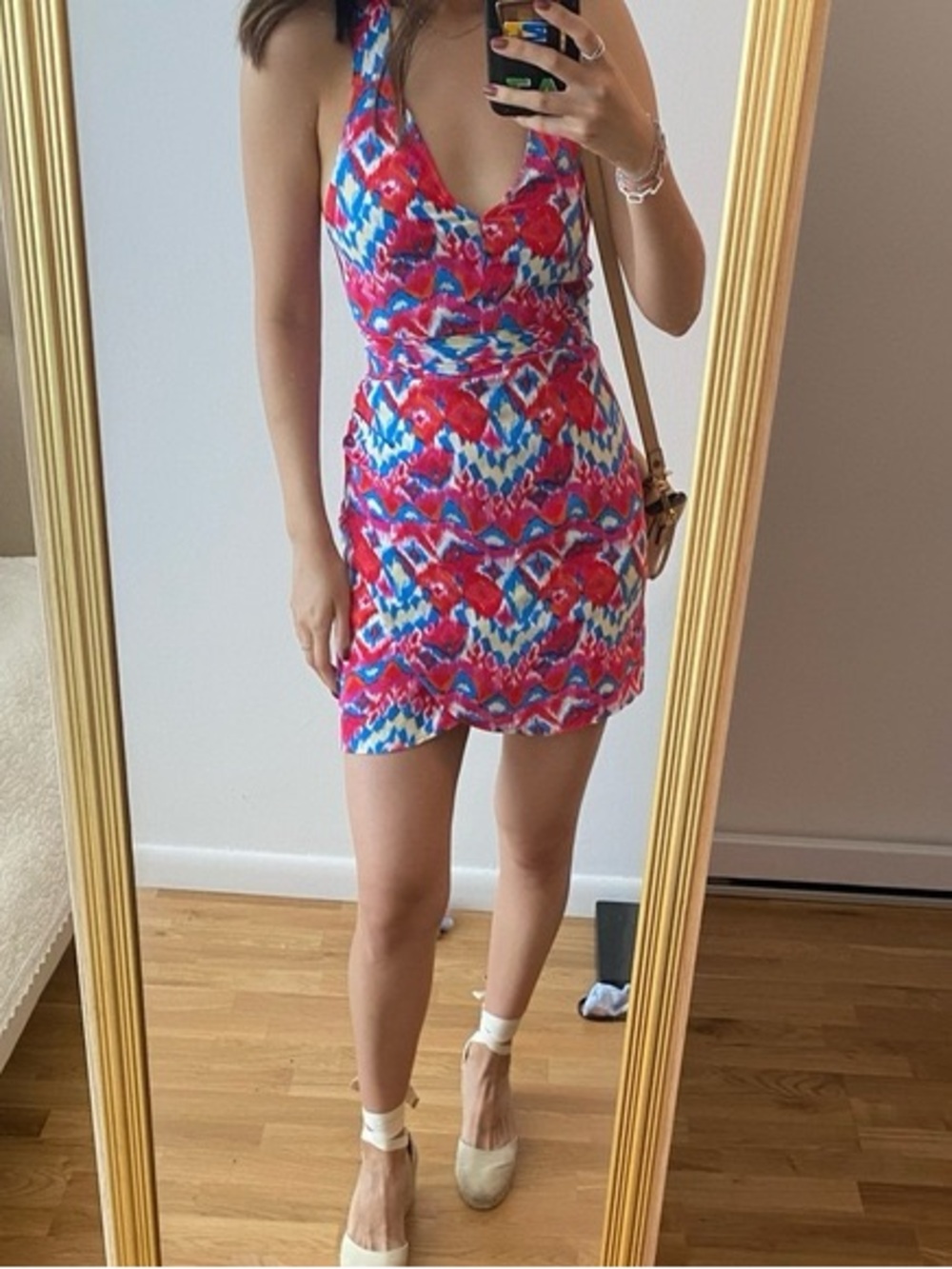 π NWT Zara Ikat Print Mini Dress Red Blue Lace Up Back Large - Picture 5 of 17